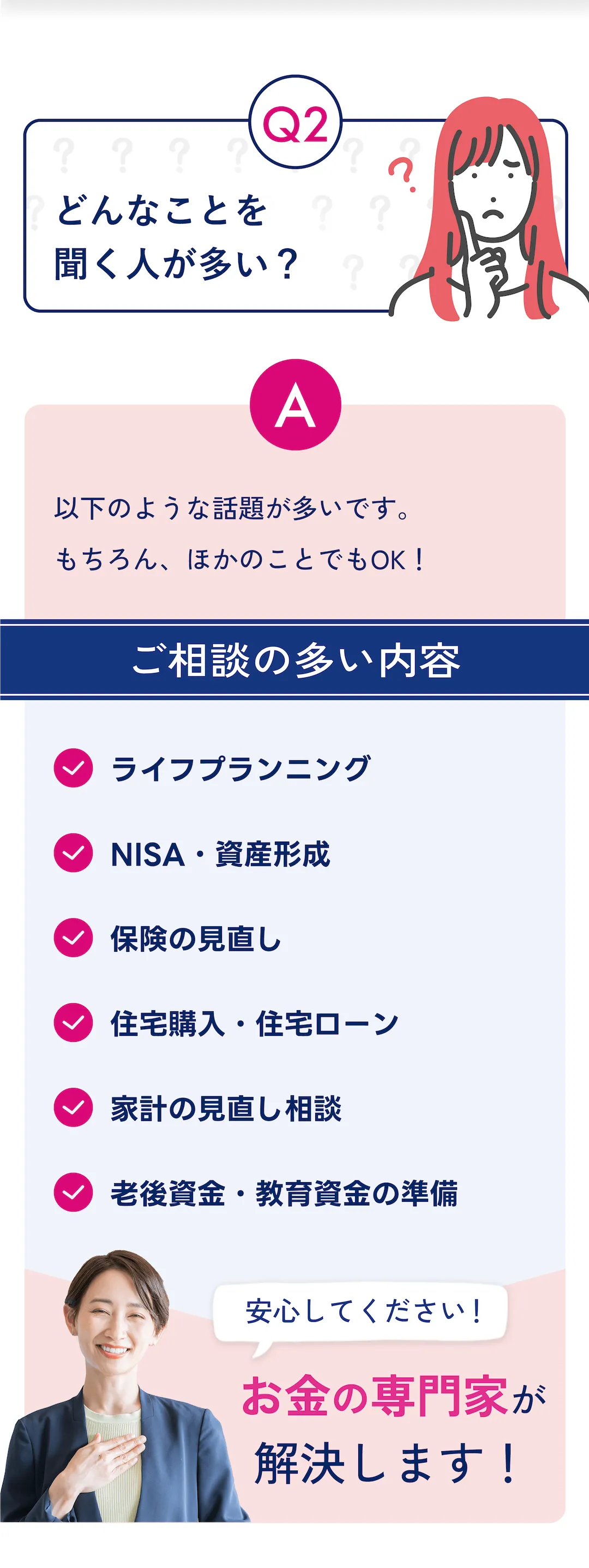 Q2: どんなことを聞く人が多い？ A: 以下のような話題が多いです。 もちろん、ほかのことでもOK！ ご相談の多い内容 ・ライフプランニング ・NISA・資産形成 ・保険の見直し ・住宅購入・住宅ローン ・家計の見直し相談 ・老後資金・教育資金の準備 安心してください！ お金の専門家が解決します！